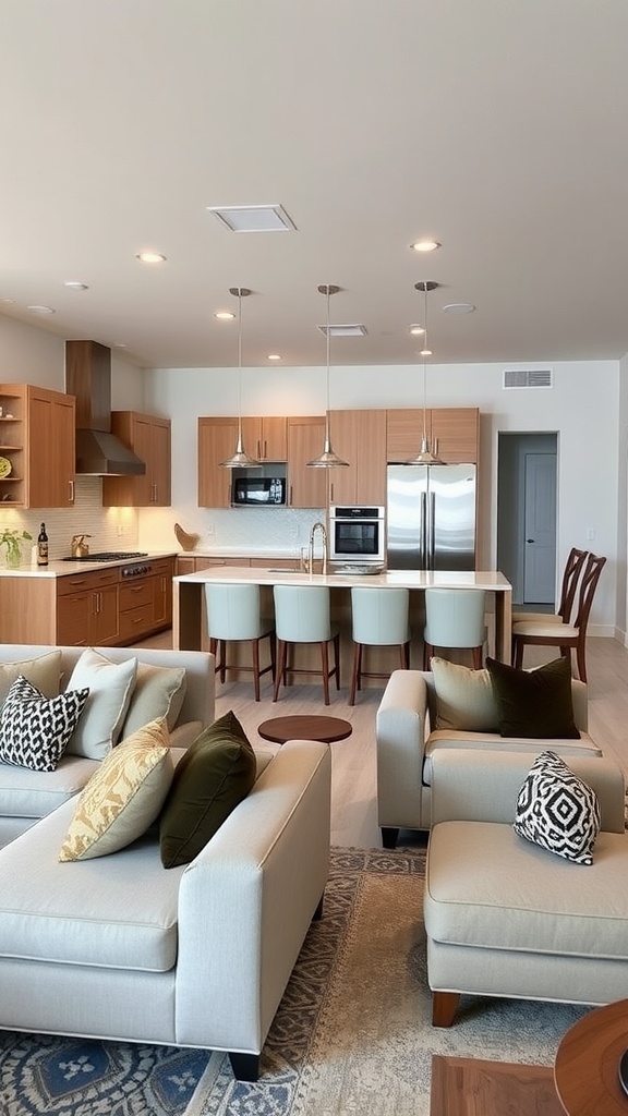 Open plan kitchen and living room with stylish furnishings and cozy seating.
