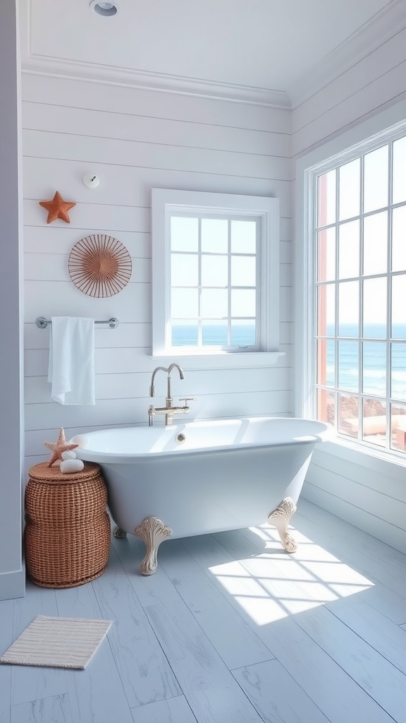 A coastal-inspired bathroom featuring a clawfoot tub, bright natural light, and ocean views.
