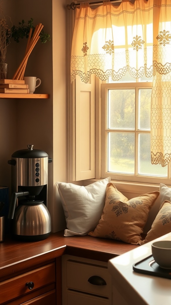 A cozy kitchen corner featuring a coffee maker, colorful tea tins, and comfortable cushions by the window.