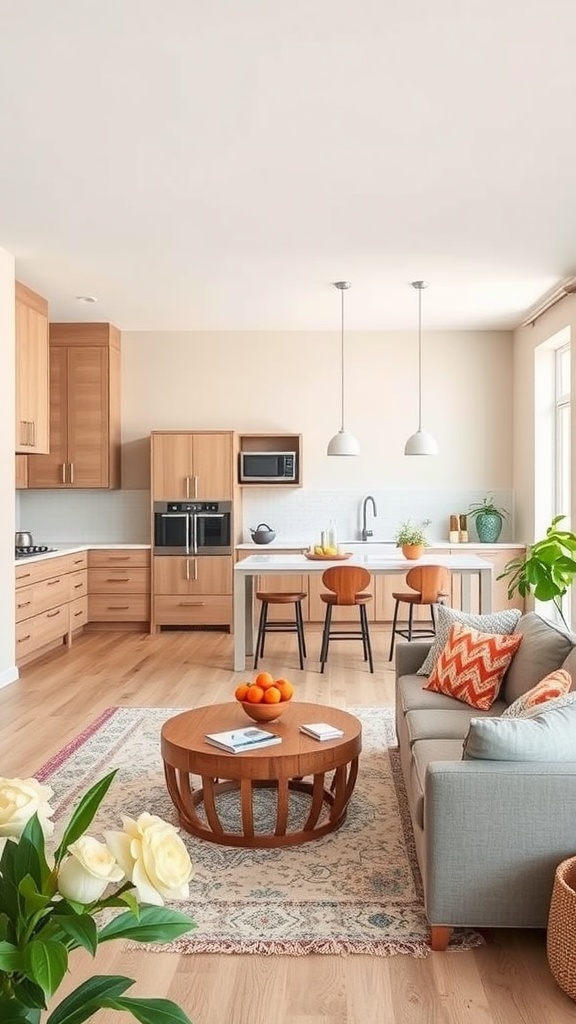 A bright open plan kitchen and living room with wooden cabinets and cozy seating.