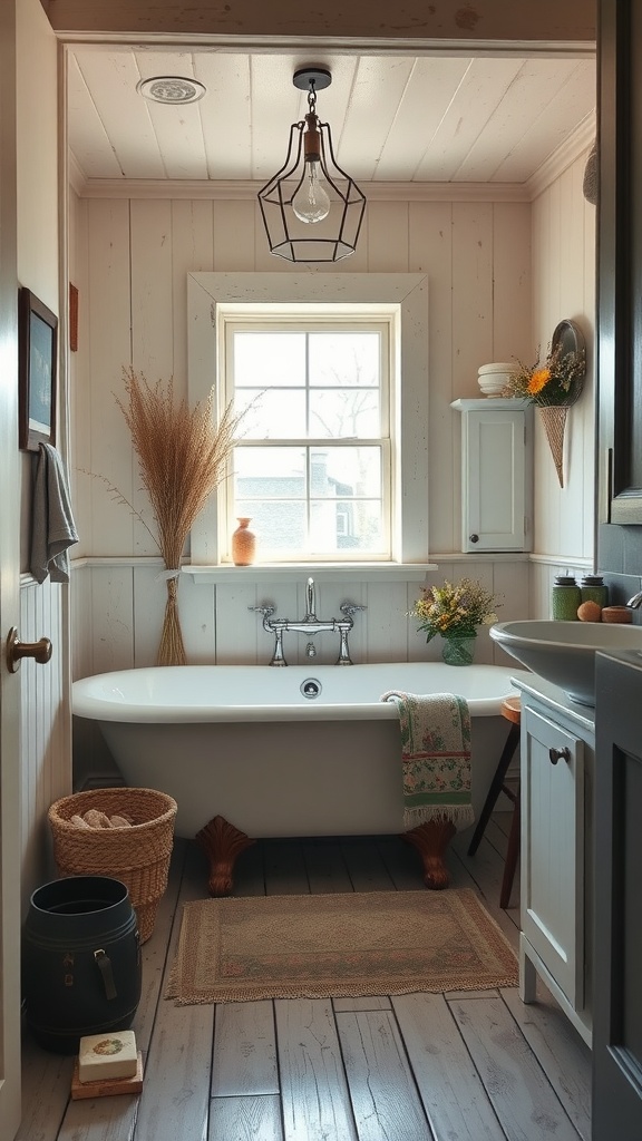 A cozy cottage bathroom featuring a freestanding bathtub, wooden walls, natural light from a window, and rustic decor.