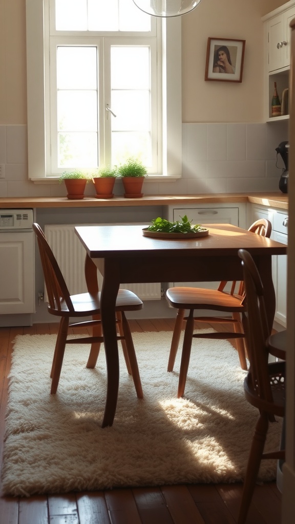 A cozy kitchen with a fluffy cream rug beneath a wooden table and chairs, featuring plants on the windowsill.