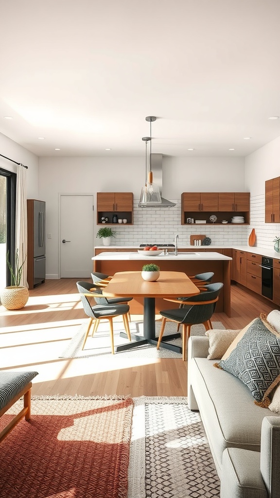An open plan kitchen and living room featuring a dining table, modern kitchen cabinets, and a cozy sofa.