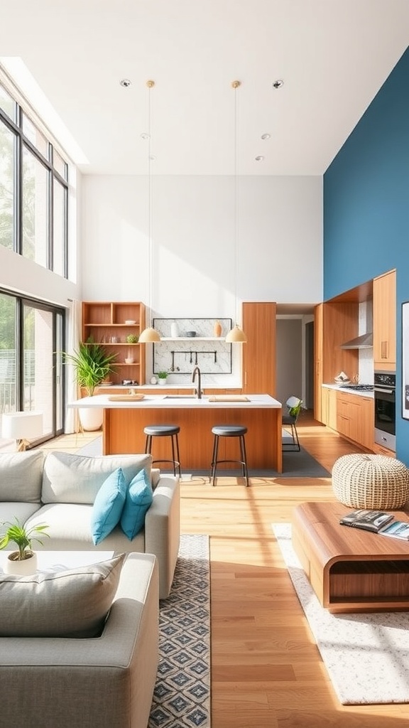 A stylish open plan kitchen living room featuring a cozy couch, modern dining area, and bright natural light.