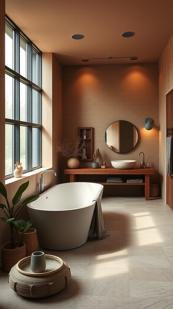 A serene bathroom featuring a freestanding bathtub, earthy tones, wooden accents, and large windows.
