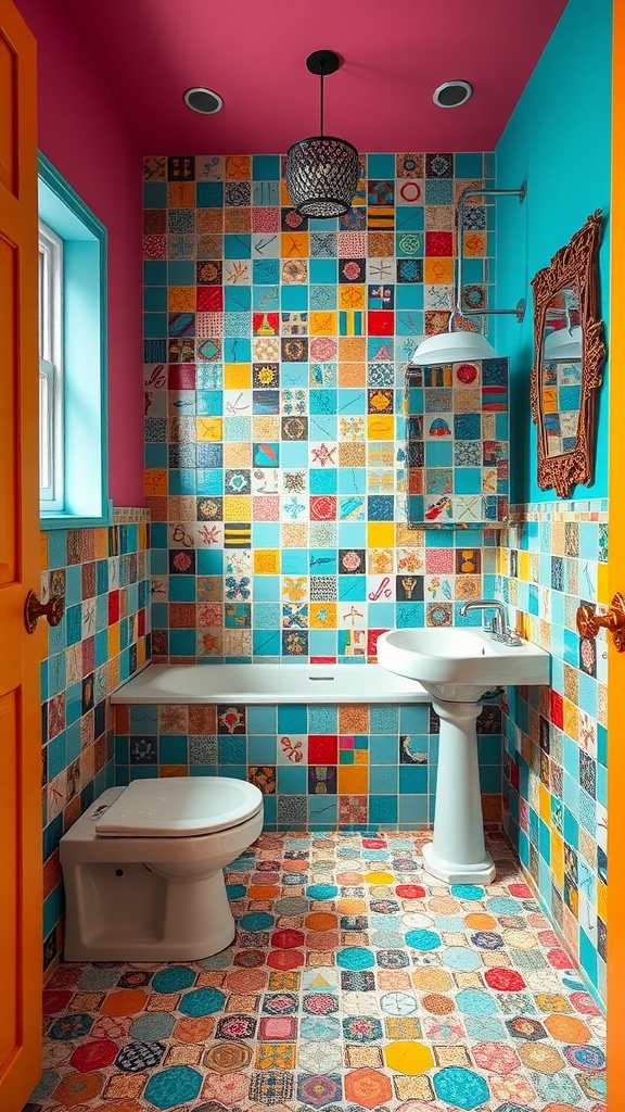 An eclectic bathroom with a mix of colorful tiles, a pink ceiling, turquoise walls, and quirky decor.