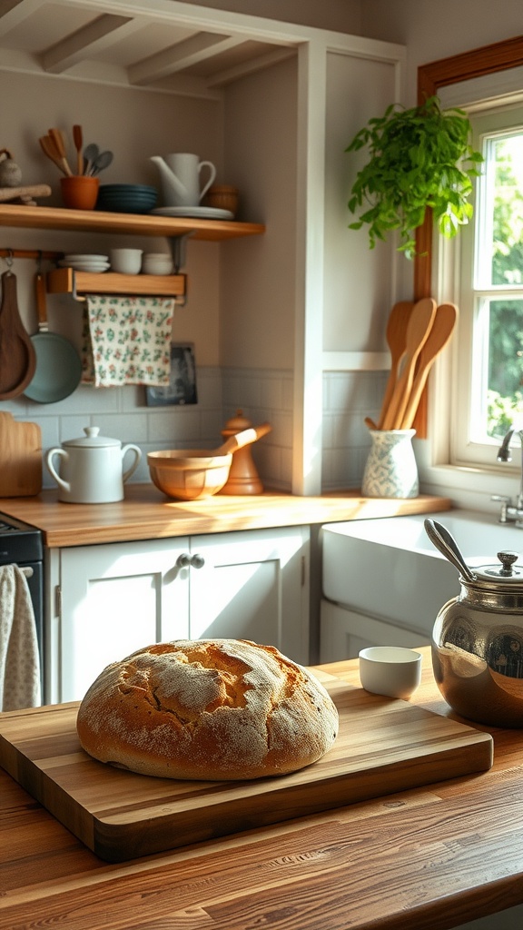 A cozy kitchen scene featuring a freshly baked loaf of bread on a wooden cutting board, surrounded by cottagecore accents like floral dish towels and wooden utensils.