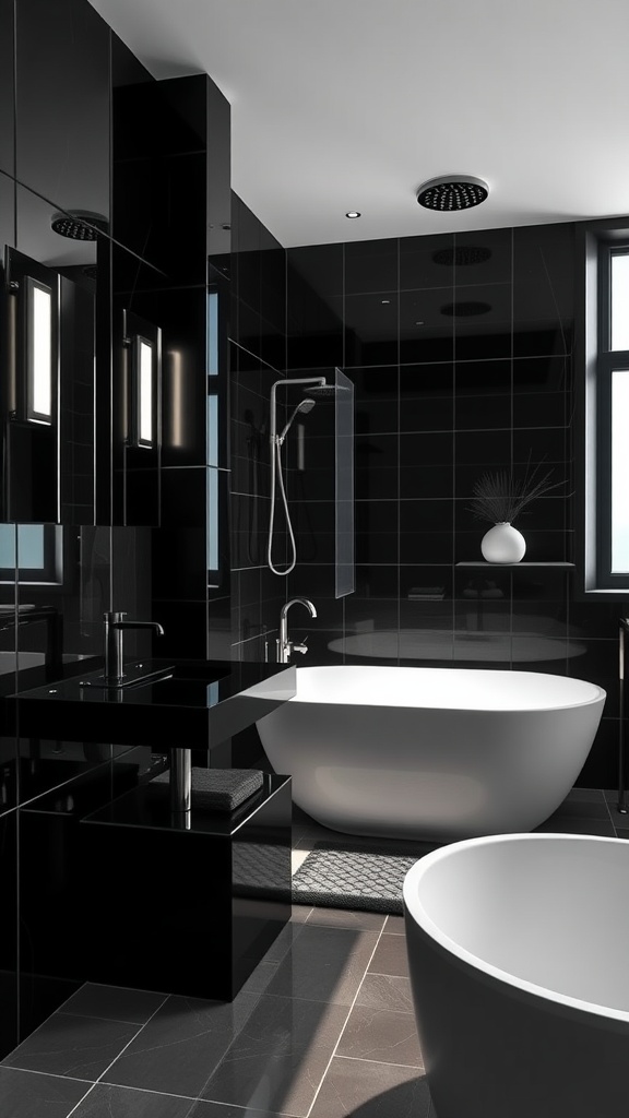 A stylish high-contrast bathroom featuring black walls and a white freestanding bathtub.