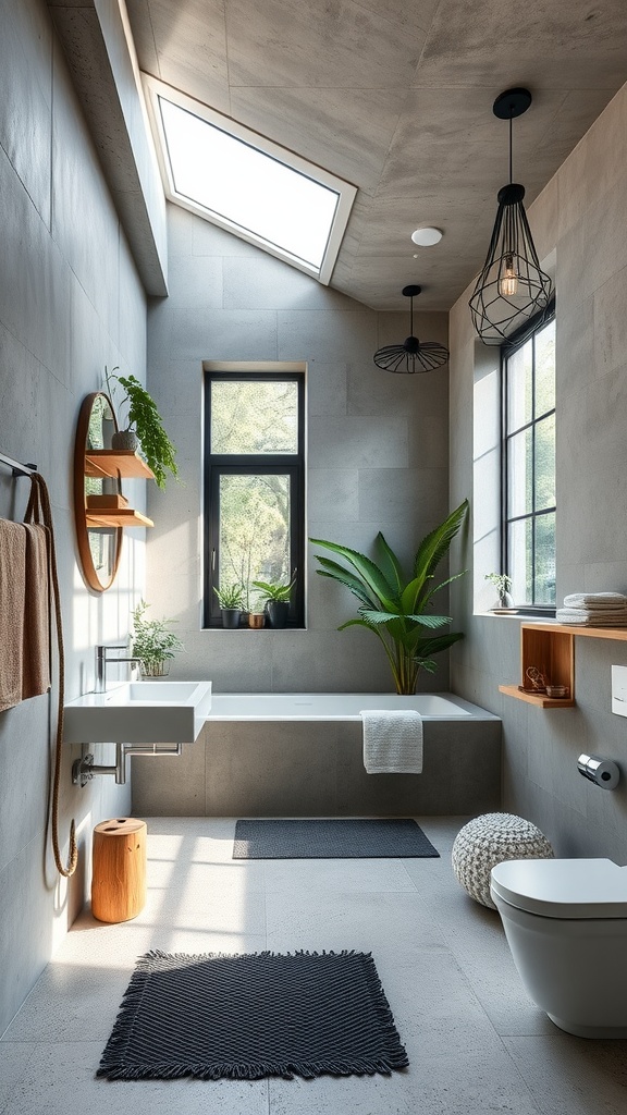 A modern industrial-chic bathroom featuring concrete finishes, large windows, natural light, and plants.