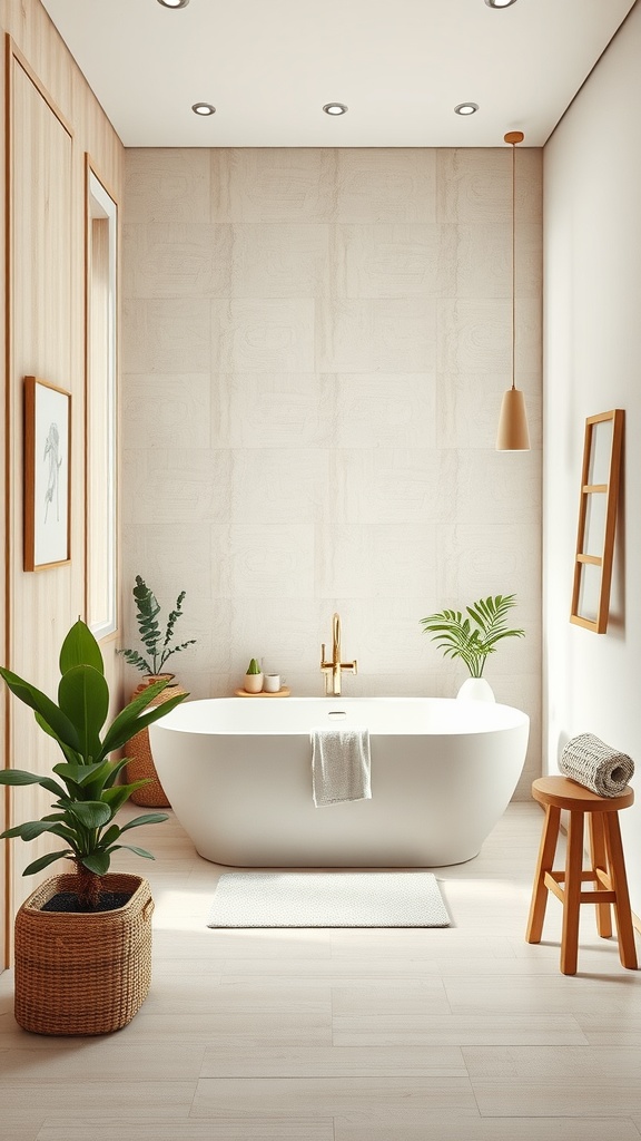 A serene Japandi bathroom with a modern tub, plants, wooden accents, and warm lighting.