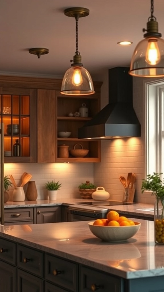 A cozy kitchen with layered lighting, featuring pendant lights and candles on the table.