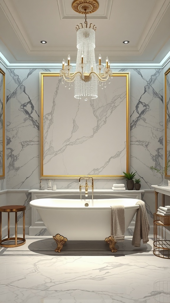 Luxurious bathroom with a crystal chandelier and elegant marble walls.