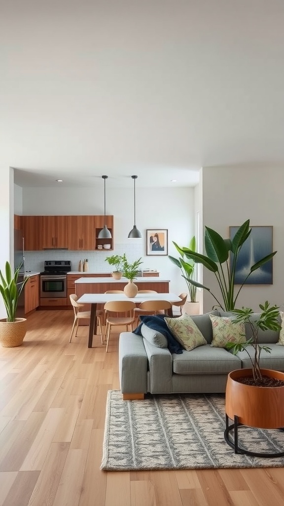 An open plan kitchen and living room featuring a cozy sofa, dining area, and plants.