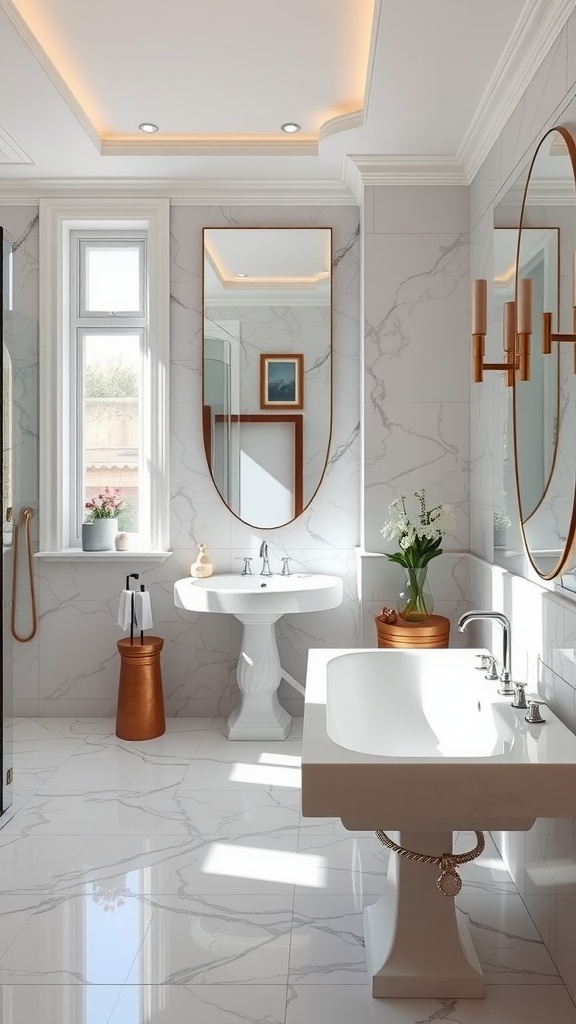 A modern bathroom featuring marble walls and flooring, a marble sink, and elegant decor.