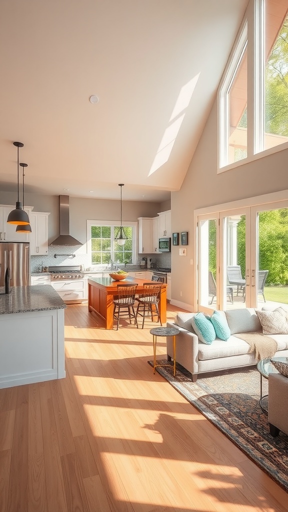 An open plan kitchen and living room filled with natural light from large windows and glass doors.