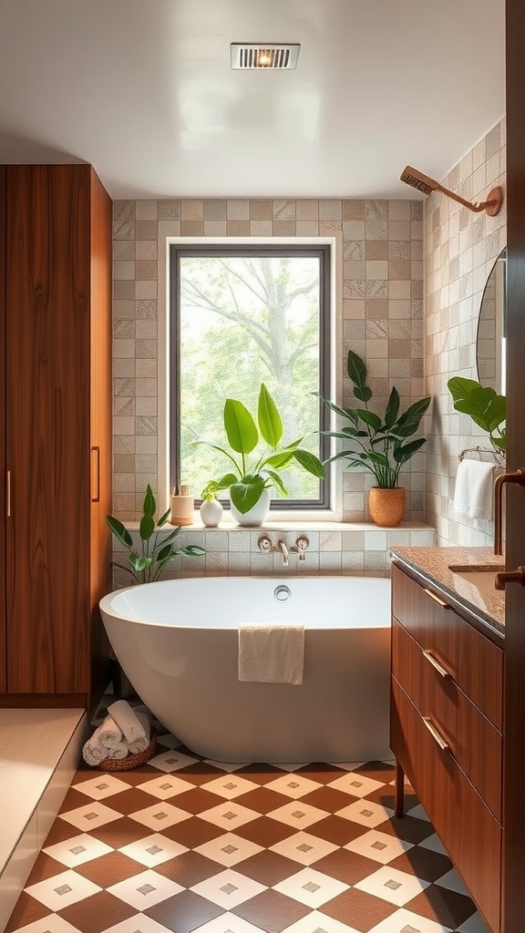 A mid-century modern bathroom featuring white subway tiles, a freestanding bathtub, and wooden cabinetry.