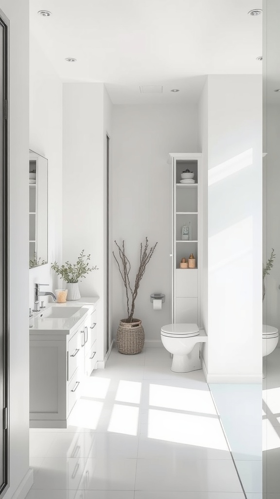 A minimalist bathroom featuring hidden storage, natural light, and a clean design.