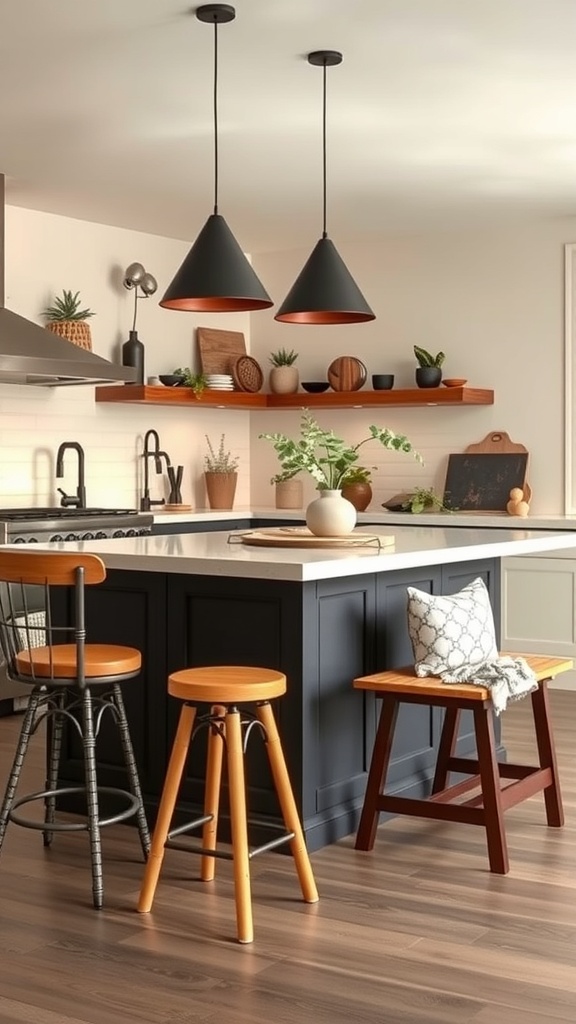 A cozy kitchen with mixed seating around an island, featuring wooden stools and a plush chair, enhanced by plants and warm lighting.