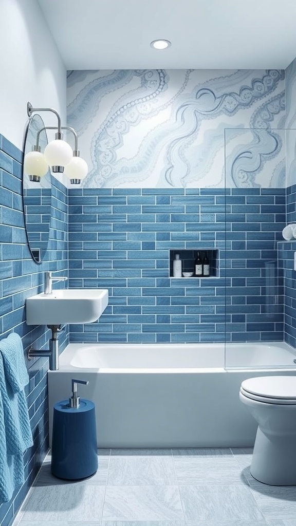 Stylish bathroom featuring multiple shades of blue tiles, a sleek sink, and artistic wallpaper.