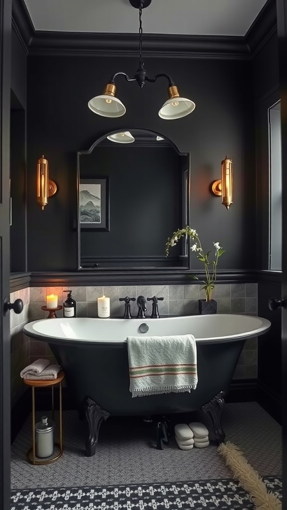 Moody bathroom interior featuring black walls, a freestanding bathtub, a stylish mirror, and candles.