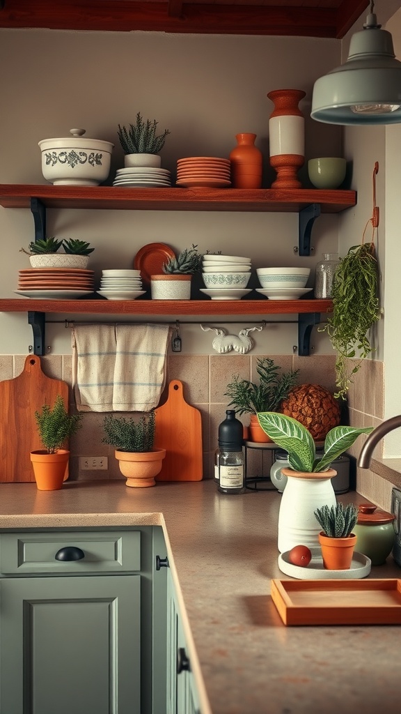 A cozy kitchen with sage green cabinets, terracotta accents, and wooden shelves filled with plants and ceramics.