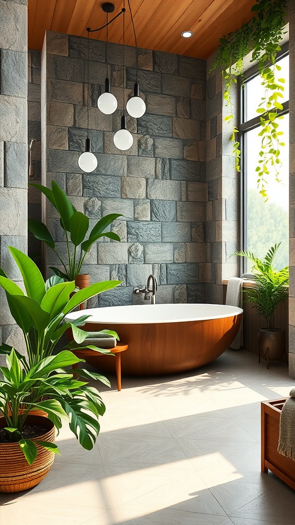 A nature-inspired bathroom featuring a stone wall, wooden ceiling, and plants around a round bathtub.