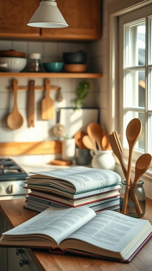 A cozy kitchen setting featuring open cookbooks and wooden utensils on a wooden table.
