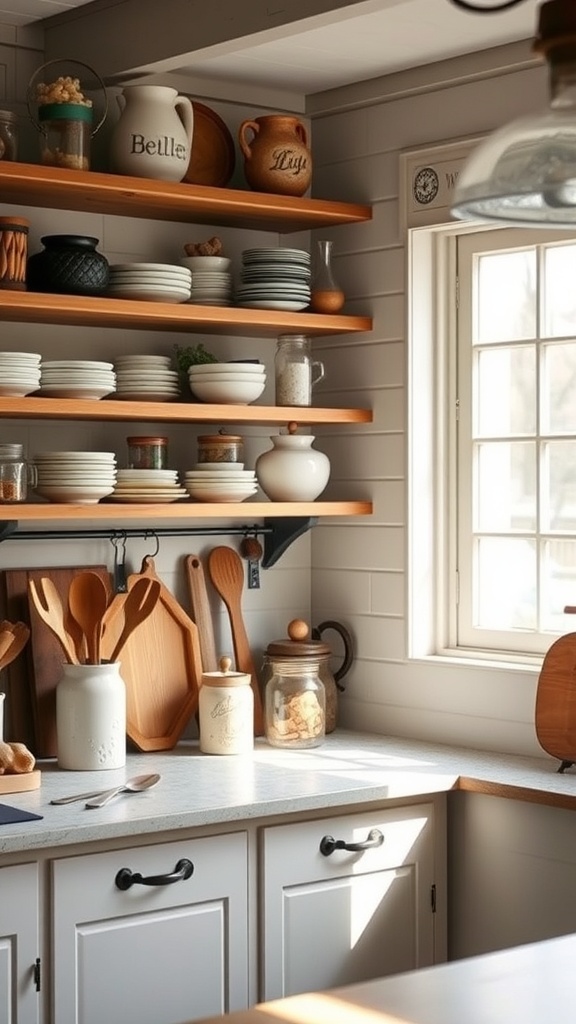 Cozy kitchen with open shelves displaying vintage dishes, jars, and utensils.
