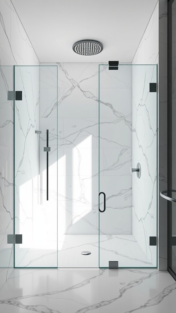Stylish open shower with glass walls and marble tiles