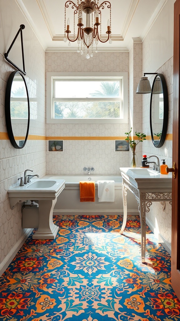 A beautifully decorated bathroom featuring patterned tile floors with vibrant colors and elegant fixtures.