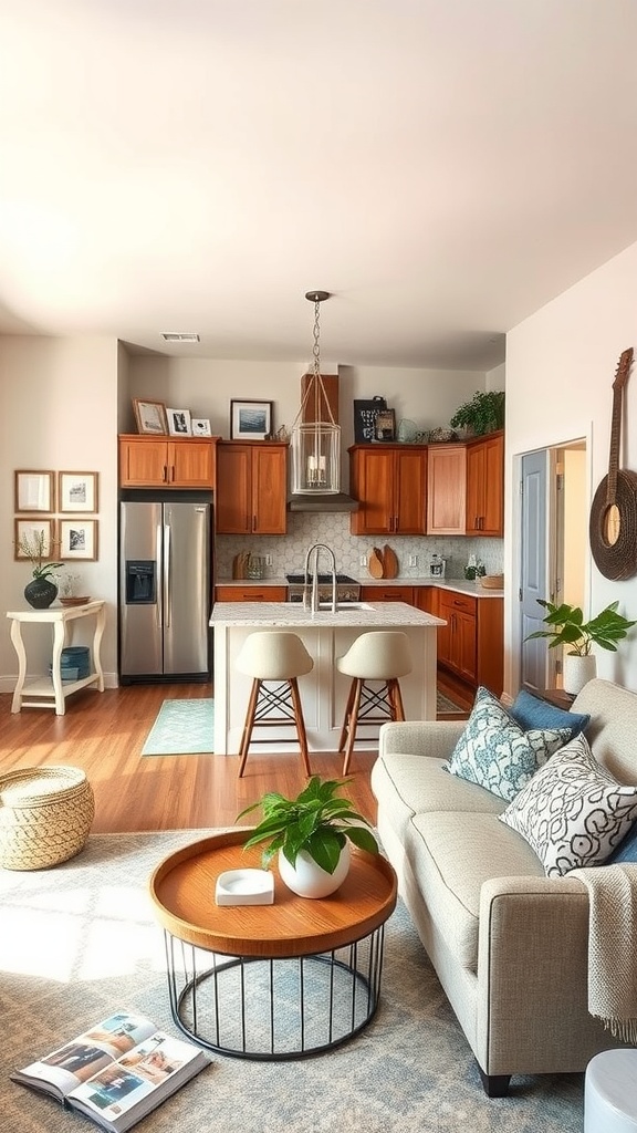 A beautifully decorated open plan kitchen and living room with modern furniture and decor.