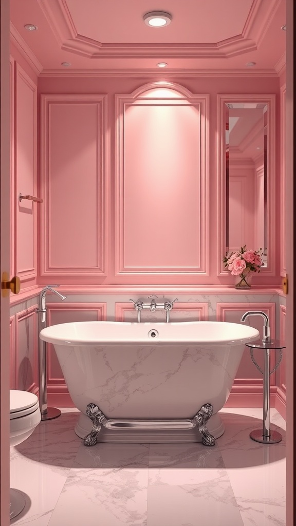 Elegant pink bathroom with ornate paneling and a freestanding bathtub