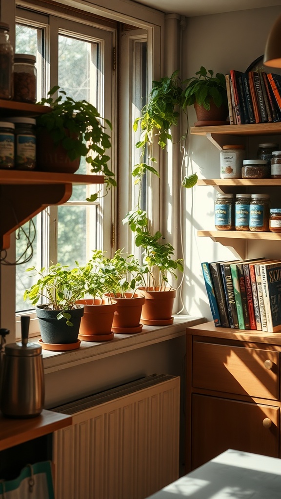 A cozy kitchen with potted herbs on display, sunlight streaming through the window, and shelves filled with jars and books.