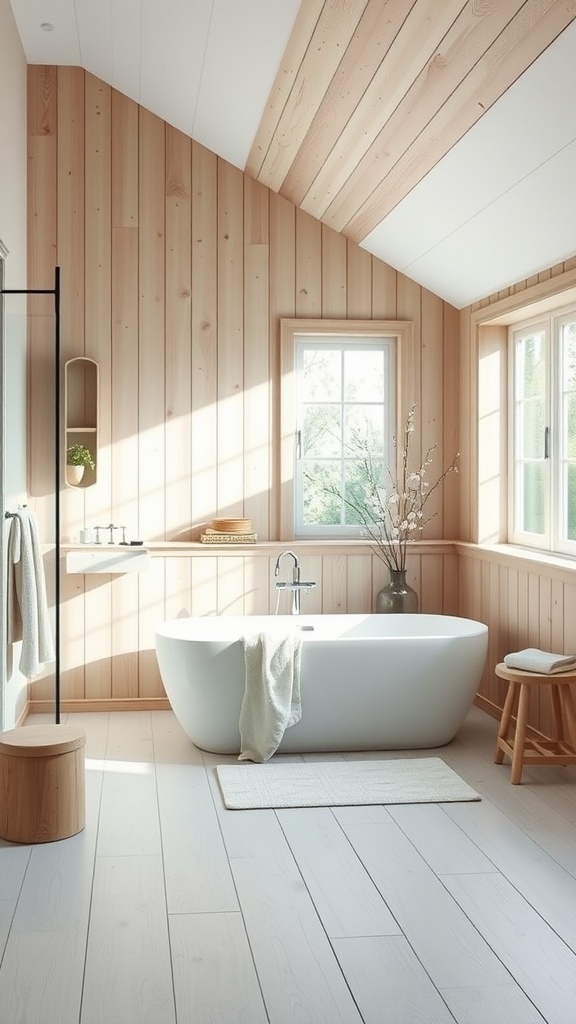 A Scandinavian bathroom featuring light wood walls and a white bathtub, with natural light streaming in through large windows.