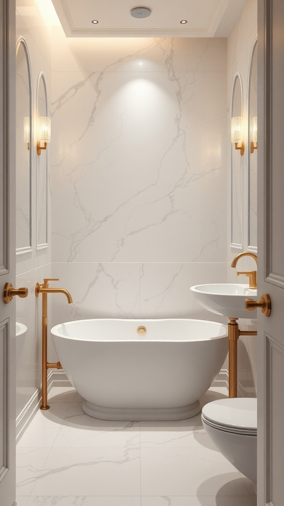 Luxurious small bathroom with marble walls, freestanding tub, and gold fixtures.