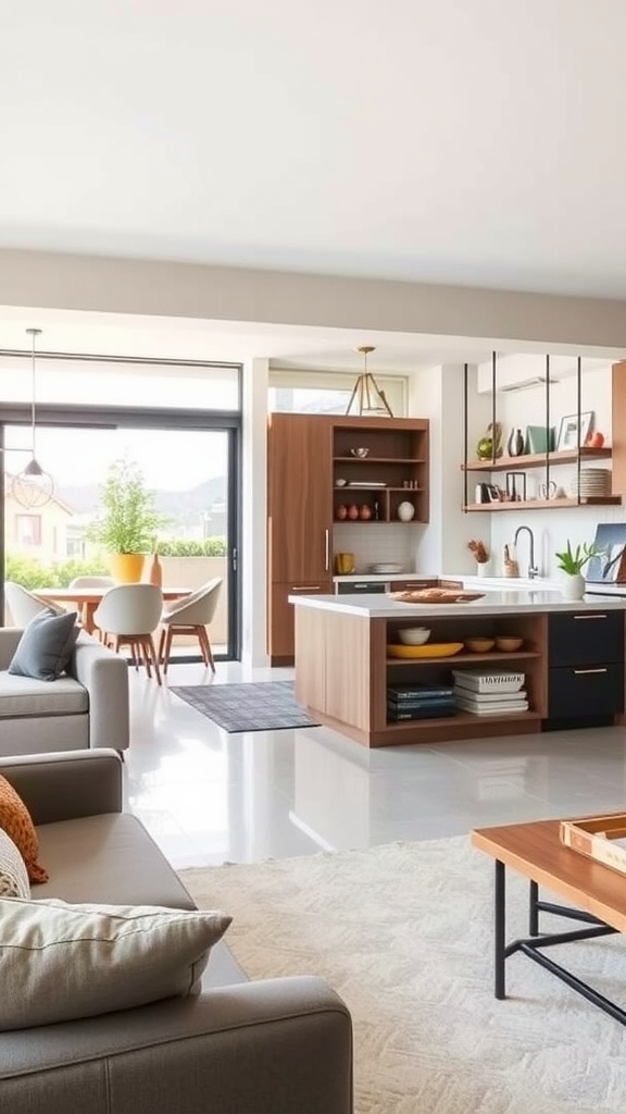 A modern open plan kitchen living room featuring smart storage options.