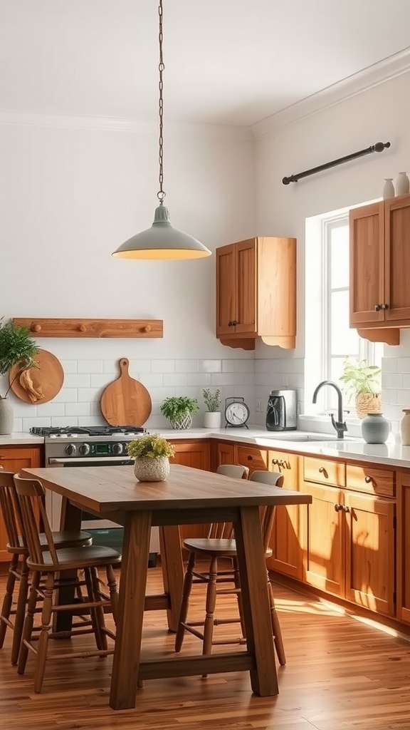 A cozy kitchen featuring soft neutral walls, warm wooden cabinets, and a wooden table with chairs, illuminated by natural light.