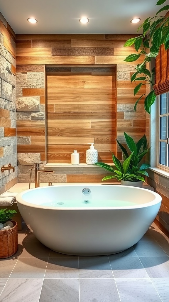 Spa-inspired bathroom with a white tub, wooden and stone walls, and plants.