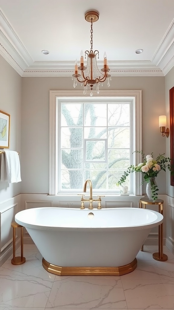A luxurious white statement bathtub with gold accents, large window, and elegant chandelier in a stylish bathroom.