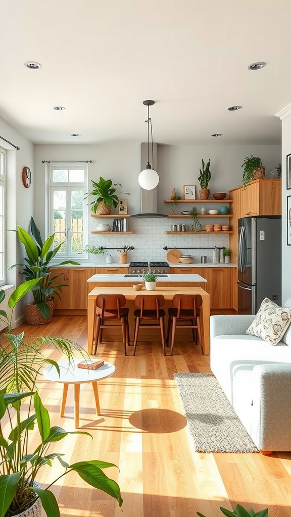 Bright and airy open plan kitchen and living room with wooden finishes and houseplants.