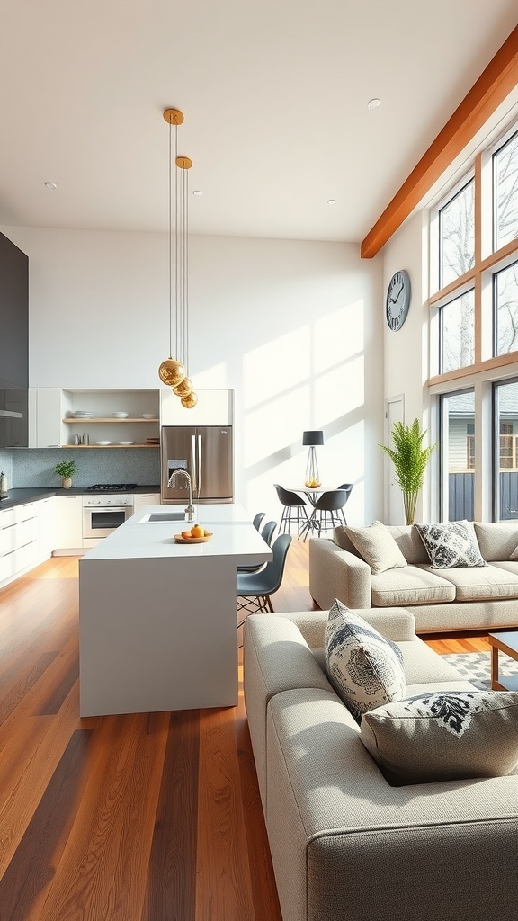 A stylish open plan kitchen and living room with modern furniture and ample natural light.