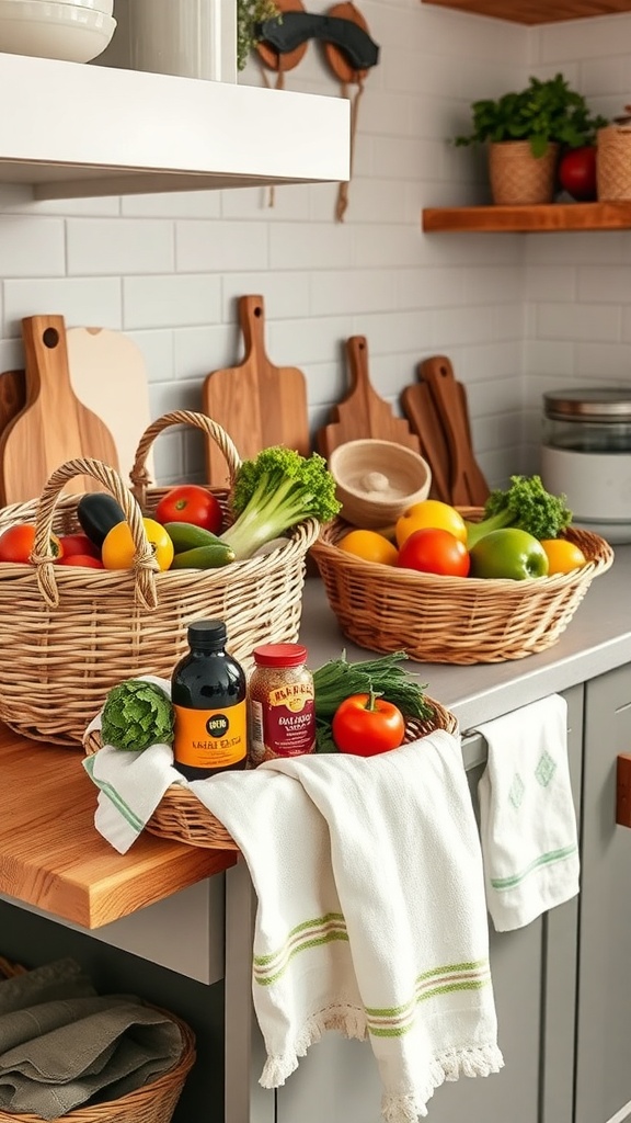 A cozy kitchen featuring woven baskets filled with fruits and vegetables on a wooden countertop.