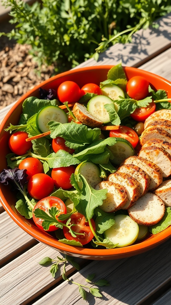 A colorful salad with cherry tomatoes, cucumber slices, greens, and grilled chicken in a bowl.