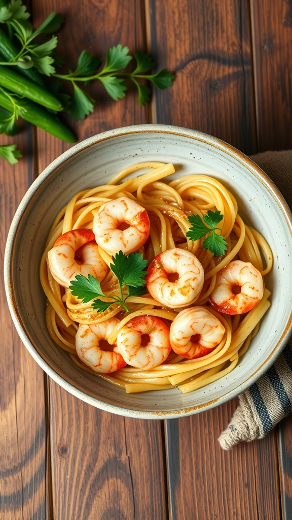 A bowl of garlic shrimp pasta with fresh parsley on top, set against a wooden background.