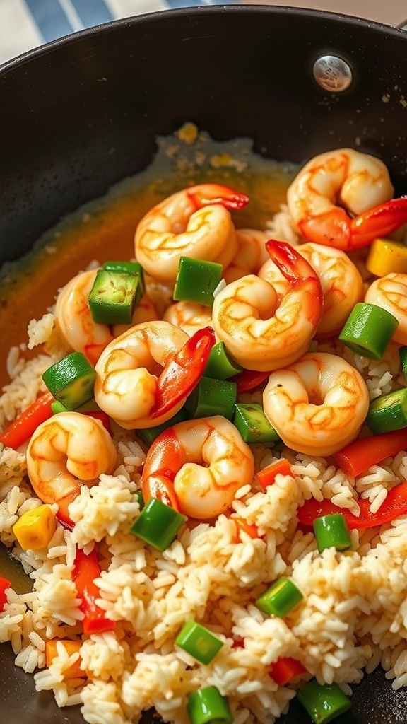 A colorful shrimp stir-fry with rice, bell peppers, and green beans in a skillet.