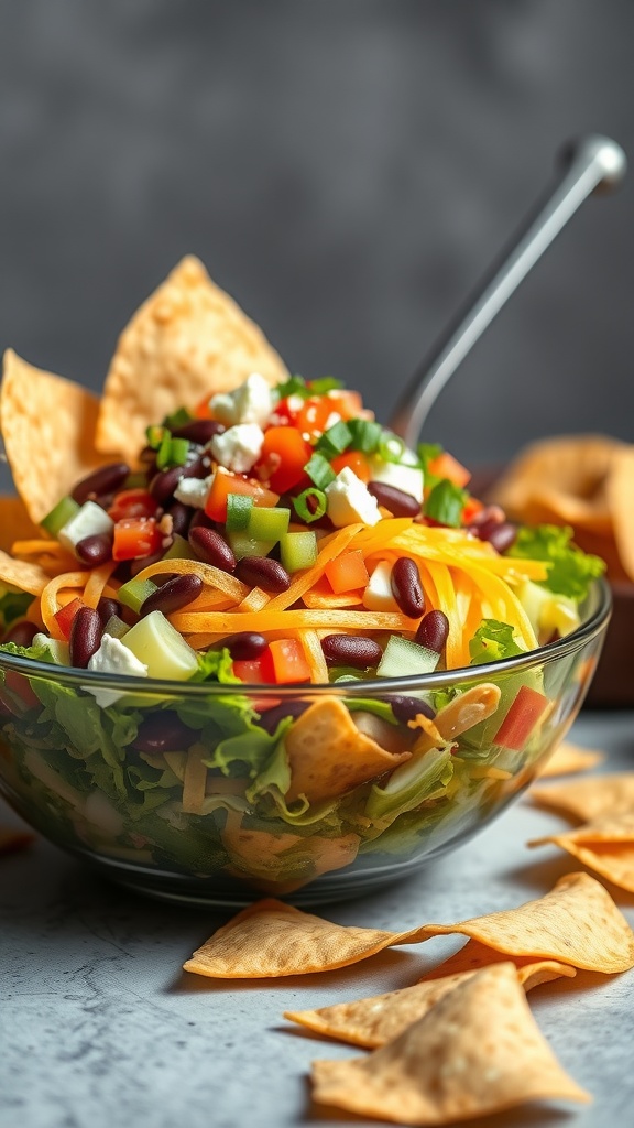A colorful taco salad with lettuce, beans, cheese, and toppings in a bowl.