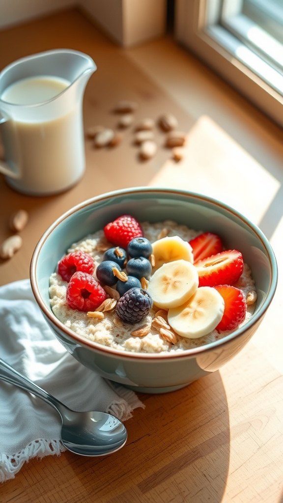 A colorful breakfast bowl with oatmeal topped with banana, strawberries, blueberries, and granola.