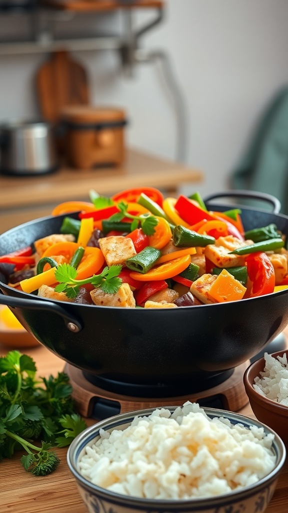 A colorful veggie stir-fry with peppers and broccoli in a skillet