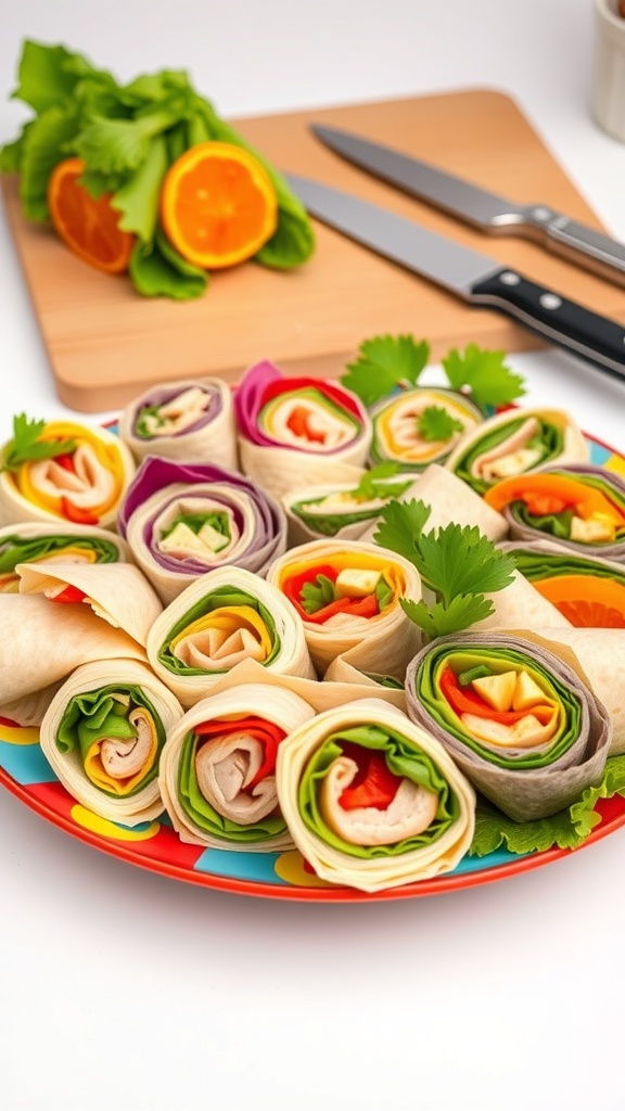 Colorful wraps filled with vegetables and meats, arranged on a plate with fresh ingredients in the background.