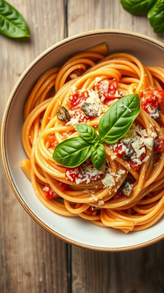A bowl of creamy tomato basil pasta with fresh basil and cheese